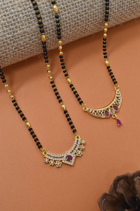 Meira Jewellery Traditional Black Bead Combo Mangalsutra Necklace for Women, Gold Plated CZ Stone Studded Stylish Mangalsutra Pendant Chain for Daily & Festive Ethnic Set of 2 Tanmaniya Necklace-136