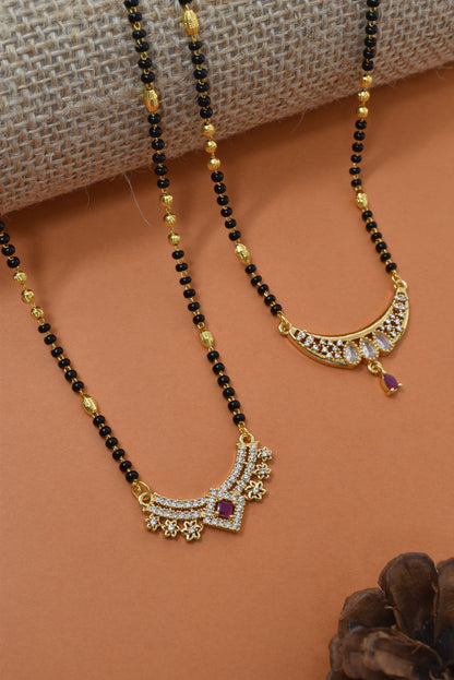 Meira Jewellery Traditional Black Bead Combo Mangalsutra Necklace for Women, Gold Plated CZ Stone Studded Stylish Mangalsutra Pendant Chain for Daily & Festive Ethnic Set of 2 Tanmaniya Necklace-137