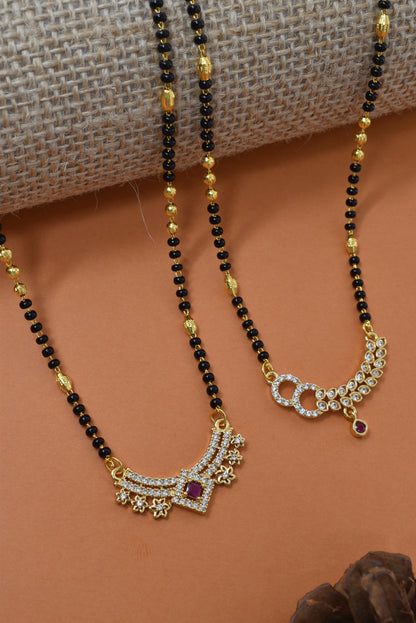 Meira Jewellery Traditional Black Bead Combo Mangalsutra Necklace for Women, Gold Plated CZ Stone Studded Stylish Mangalsutra Pendant Chain for Daily & Festive Ethnic Set of 2 Tanmaniya Necklace-138
