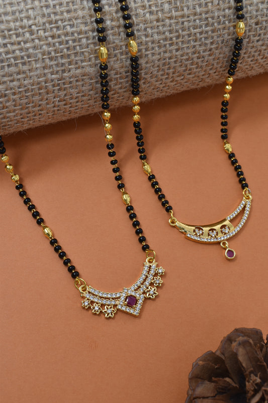 Meira Jewellery Traditional Black Bead Combo Mangalsutra Necklace for Women, Gold Plated CZ Stone Studded Stylish Mangalsutra Pendant Chain for Daily & Festive Ethnic Set of 2 Tanmaniya Necklace-139