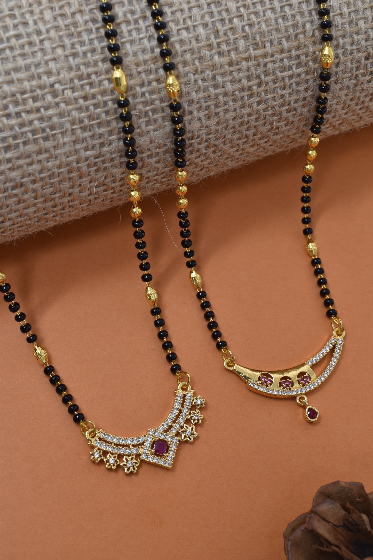 Meira Jewellery Traditional Black Bead Combo Mangalsutra Necklace for Women, Gold Plated CZ Stone Studded Stylish Mangalsutra Pendant Chain for Daily & Festive Ethnic Set of 2 Tanmaniya Necklace-140