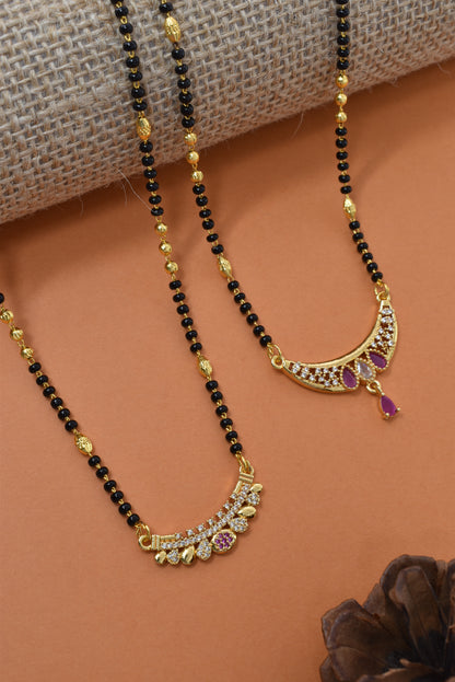 Meira Jewellery Traditional Black Bead Combo Mangalsutra Necklace for Women, Gold Plated CZ Stone Studded Stylish Mangalsutra Pendant Chain for Daily & Festive Ethnic Set of 2 Tanmaniya Necklace-141
