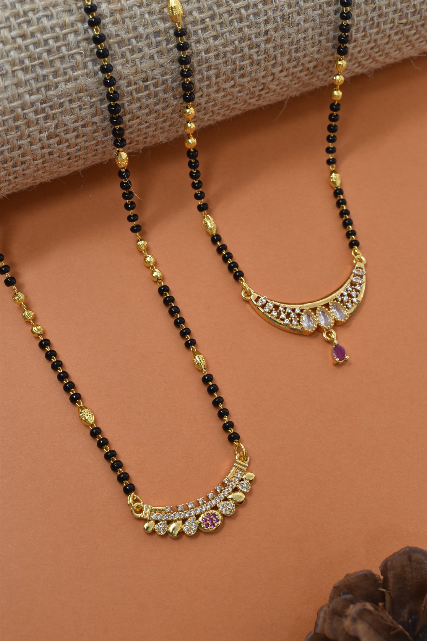 Meira Jewellery Traditional Black Bead Combo Mangalsutra Necklace for Women, Gold Plated CZ Stone Studded Stylish Mangalsutra Pendant Chain for Daily & Festive Ethnic Set of 2 Tanmaniya Necklace-142