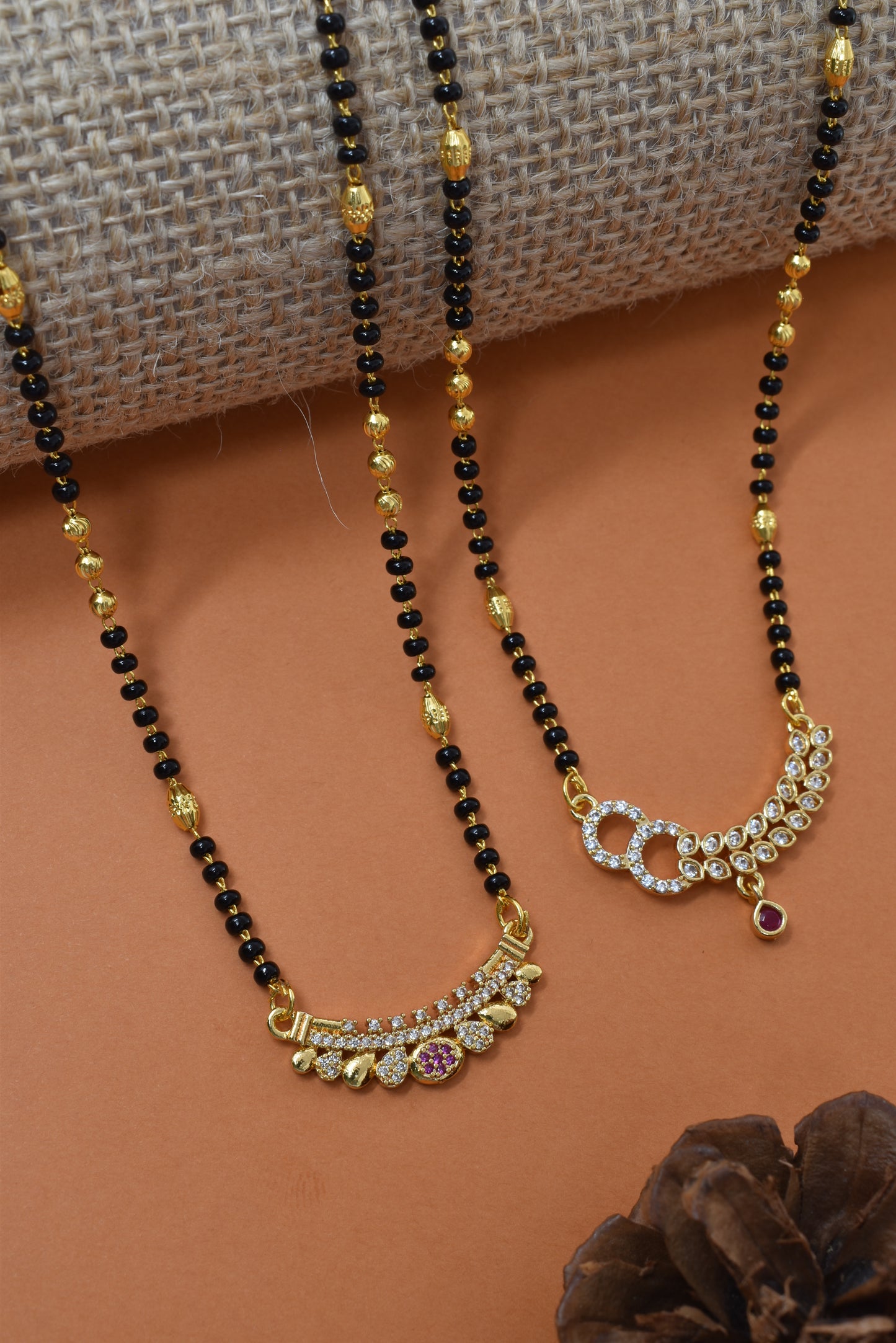 Meira Jewellery Traditional Black Bead Combo Mangalsutra Necklace for Women, Gold Plated CZ Stone Studded Stylish Mangalsutra Pendant Chain for Daily & Festive Ethnic Set of 2 Tanmaniya Necklace-143