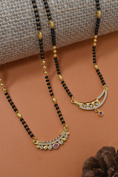 Meira Jewellery Traditional Black Bead Combo Mangalsutra Necklace for Women, Gold Plated CZ Stone Studded Stylish Mangalsutra Pendant Chain for Daily & Festive Ethnic Set of 2 Tanmaniya Necklace-144