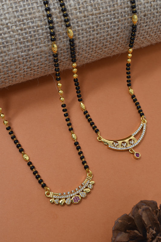 Meira Jewellery Traditional Black Bead Combo Mangalsutra Necklace for Women, Gold Plated CZ Stone Studded Stylish Mangalsutra Pendant Chain for Daily & Festive Ethnic Set of 2 Tanmaniya Necklace-144
