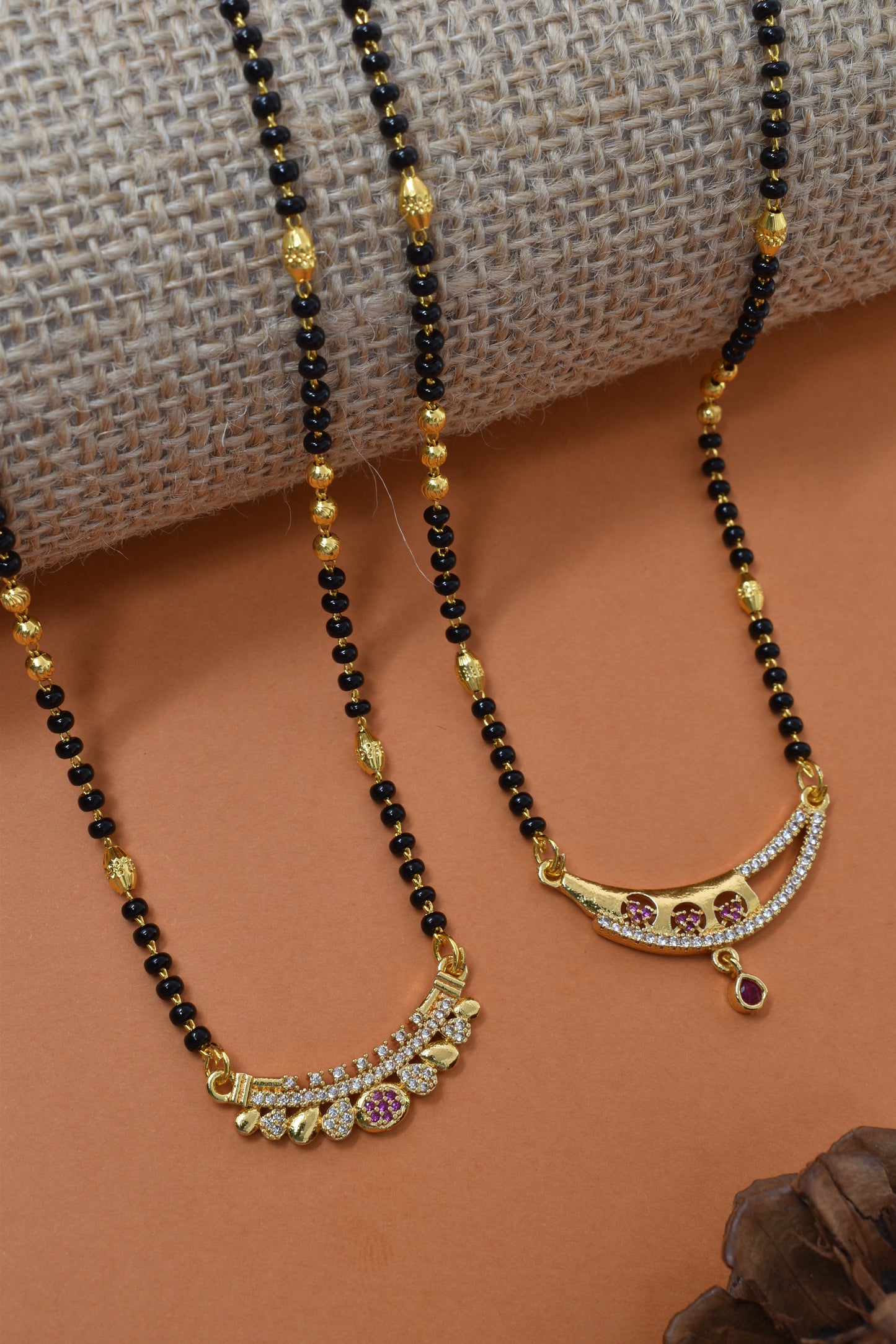 Meira Jewellery Traditional Black Bead Combo Mangalsutra Necklace for Women, Gold Plated CZ Stone Studded Stylish Mangalsutra Pendant Chain for Daily & Festive Ethnic Set of 2 Tanmaniya Necklace-145