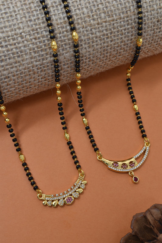 Meira Jewellery Traditional Black Bead Combo Mangalsutra Necklace for Women, Gold Plated CZ Stone Studded Stylish Mangalsutra Pendant Chain for Daily & Festive Ethnic Set of 2 Tanmaniya Necklace-145