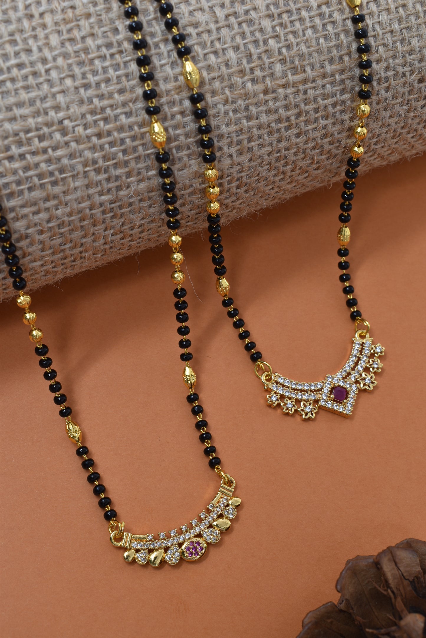 Meira Jewellery Traditional Black Bead Combo Mangalsutra Necklace for Women, Gold Plated CZ Stone Studded Stylish Mangalsutra Pendant Chain for Daily & Festive Ethnic Set of 2 Tanmaniya Necklace-146