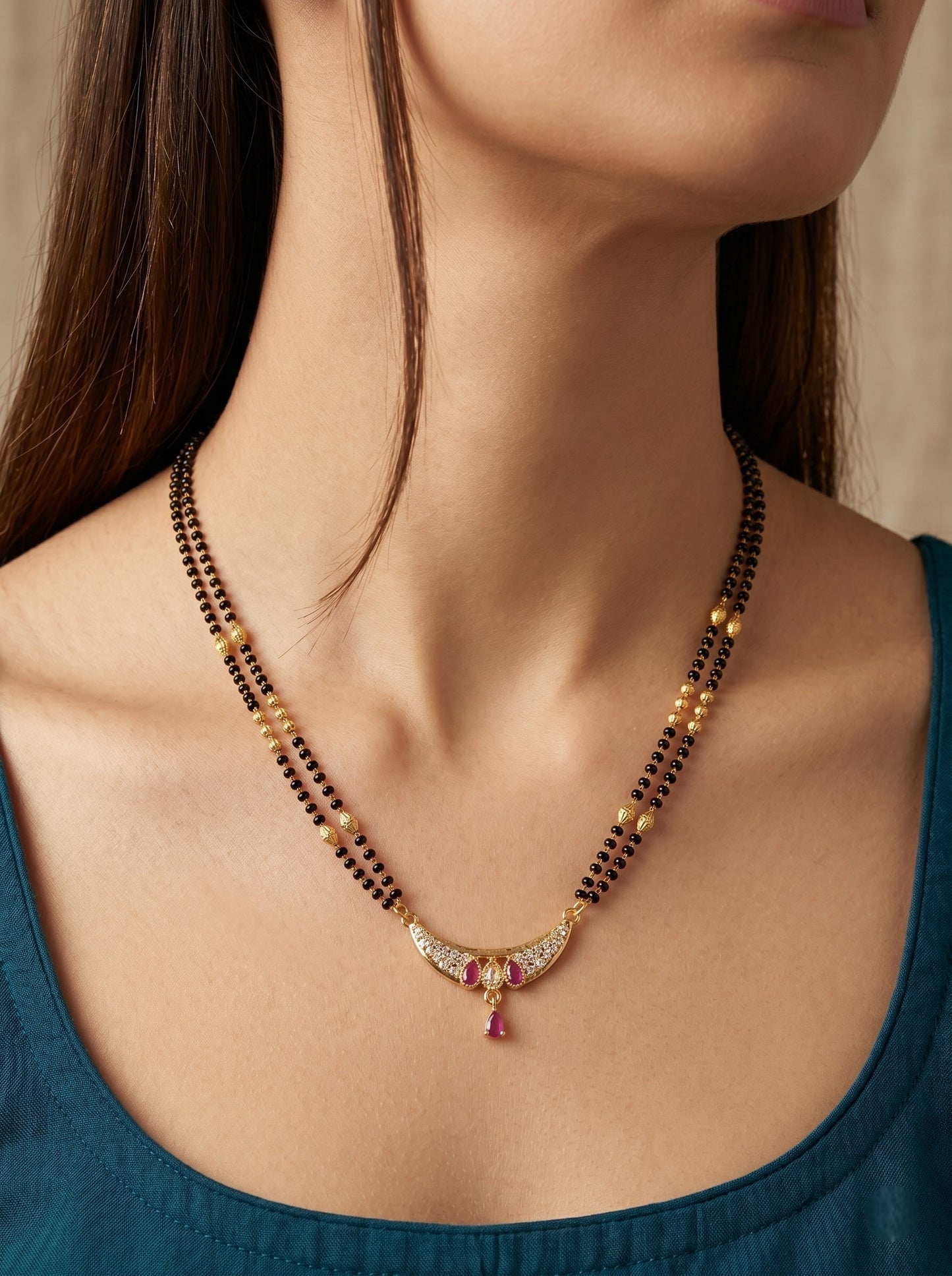 Gold-Toned Stone Studded Mangalsutra with Matching Earrings Combo Set