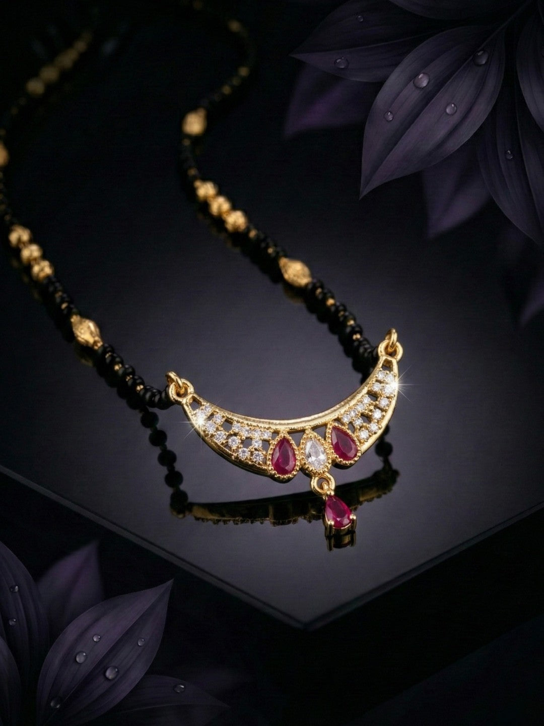 Meira Jewellery Traditional Gold-Toned Black Beaded Stylish Mangalsutra for Women Studded with Sparkling AD and Ruby Red Stones, Perfect for Daily and Office Ethnic Festive Jewellery Neckpiece-01