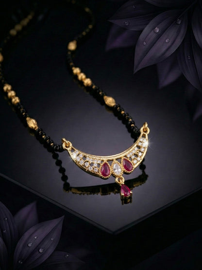 Meira Jewellery Traditional Gold-Toned Black Beaded Stylish Mangalsutra for Women Studded with Sparkling AD and Ruby Red Stones, Perfect for Daily and Office Ethnic Festive Jewellery Neckpiece-01