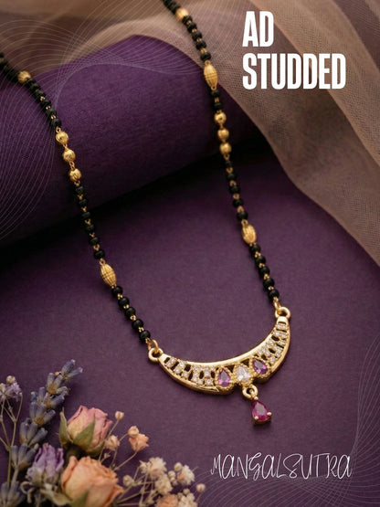 Meira Jewellery Traditional Gold-Toned Black Beaded Stylish Mangalsutra for Women Studded with Sparkling AD and Ruby Red Stones, Perfect for Daily and Office Ethnic Festive Jewellery Neckpiece-01