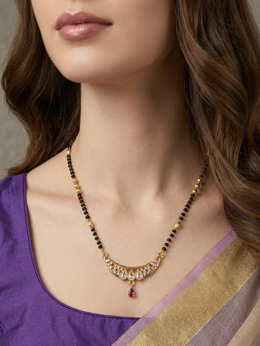 Meira Jewellery Traditional Gold-Toned Black Beaded Stylish Mangalsutra for Women Studded with Sparkling AD and Ruby Red Stones, Perfect for Daily and Office Ethnic Festive Jewellery Neckpiece-02