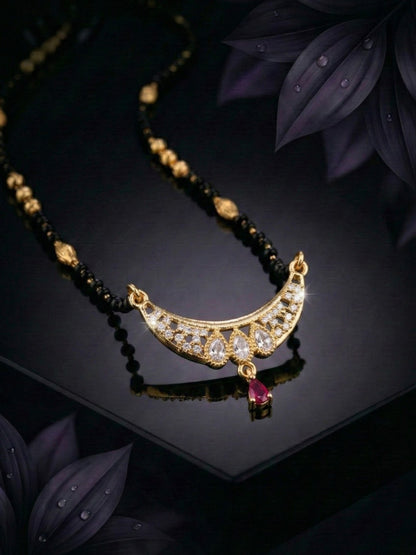 Meira Jewellery Traditional Gold-Toned Black Beaded Stylish Mangalsutra for Women Studded with Sparkling AD and Ruby Red Stones, Perfect for Daily and Office Ethnic Festive Jewellery Neckpiece-02