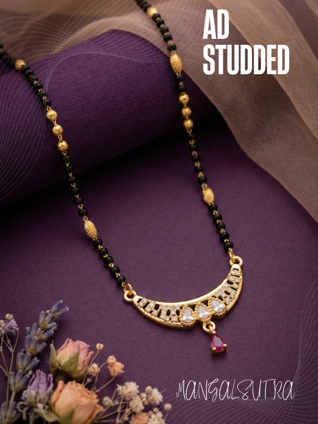 Meira Jewellery Traditional Gold-Toned Black Beaded Stylish Mangalsutra for Women Studded with Sparkling AD and Ruby Red Stones, Perfect for Daily and Office Ethnic Festive Jewellery Neckpiece-02