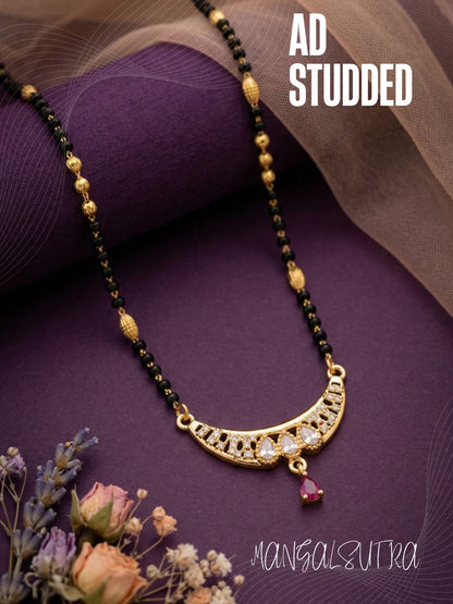 Meira Jewellery Traditional Gold-Toned Black Beaded Stylish Mangalsutra for Women Studded with Sparkling AD and Ruby Red Stones, Perfect for Daily and Office Ethnic Festive Jewellery Neckpiece-02