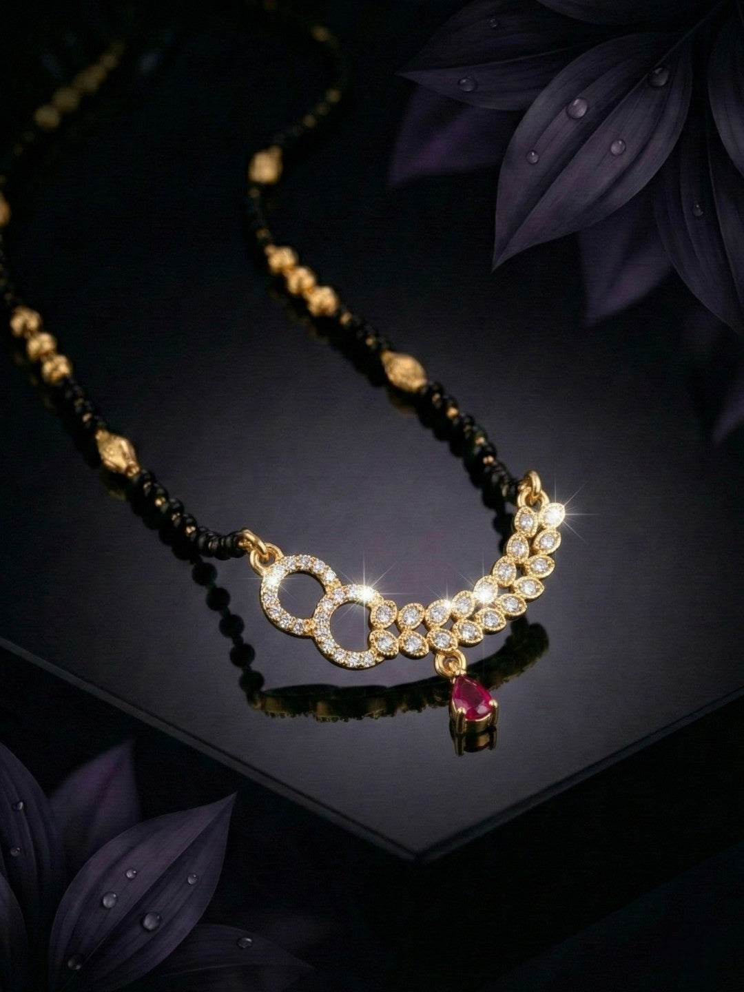 Meira Jewellery Traditional Gold-Toned Black Beaded Stylish Mangalsutra for Women Studded with Sparkling AD and Ruby Red Stones, Perfect for Daily and Office Ethnic Festive Jewellery Neckpiece-03