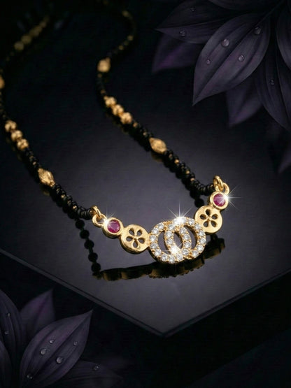 Meira Jewellery Traditional Gold-Toned Black Beaded Stylish Mangalsutra for Women Studded with Sparkling AD and Ruby Red Stones, Perfect for Daily and Office Ethnic Festive Jewellery Neckpiece-04