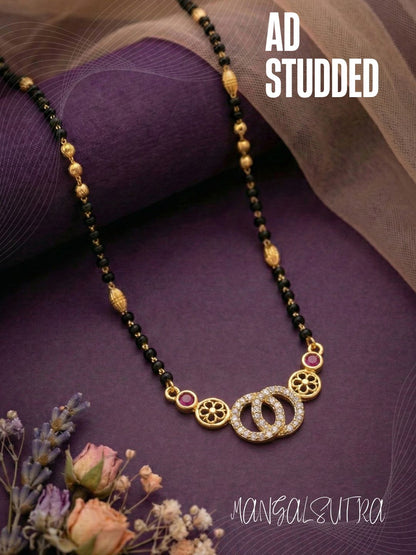 Meira Jewellery Traditional Gold-Toned Black Beaded Stylish Mangalsutra for Women Studded with Sparkling AD and Ruby Red Stones, Perfect for Daily and Office Ethnic Festive Jewellery Neckpiece-04