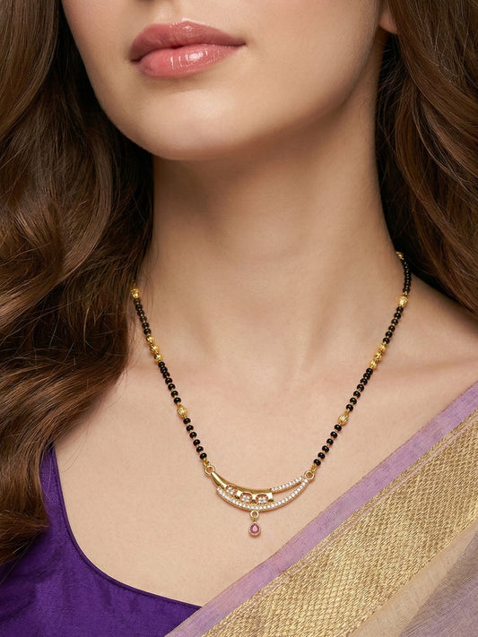 Meira Jewellery Traditional Gold-Toned Black Beaded Stylish Mangalsutra for Women Studded with Sparkling AD and Ruby Red Stones, Perfect for Daily and Office Ethnic Festive Jewellery Neckpiece-05
