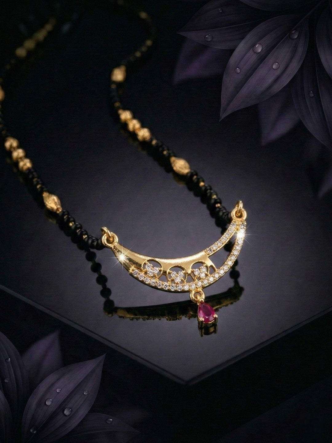 Meira Jewellery Traditional Gold-Toned Black Beaded Stylish Mangalsutra for Women Studded with Sparkling AD and Ruby Red Stones, Perfect for Daily and Office Ethnic Festive Jewellery Neckpiece-05