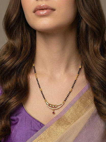 Meira Jewellery Traditional Gold-Toned Black Beaded Stylish Mangalsutra for Women Studded with Sparkling AD and Ruby Red Stones, Perfect for Daily and Office Ethnic Festive Jewellery Neckpiece-06