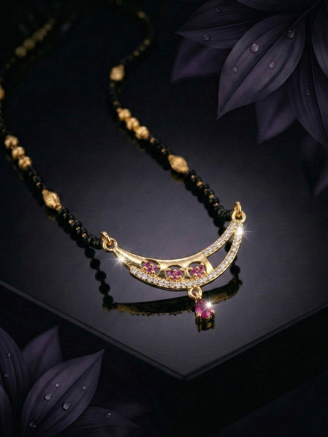 Meira Jewellery Traditional Gold-Toned Black Beaded Stylish Mangalsutra for Women Studded with Sparkling AD and Ruby Red Stones, Perfect for Daily and Office Ethnic Festive Jewellery Neckpiece-06