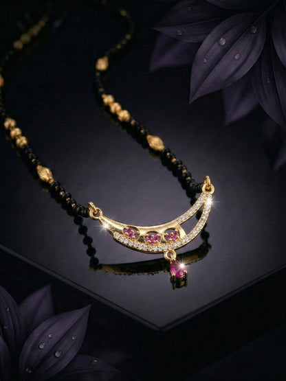 Meira Jewellery Traditional Gold-Toned Black Beaded Stylish Mangalsutra for Women Studded with Sparkling AD and Ruby Red Stones, Perfect for Daily and Office Ethnic Festive Jewellery Neckpiece-06