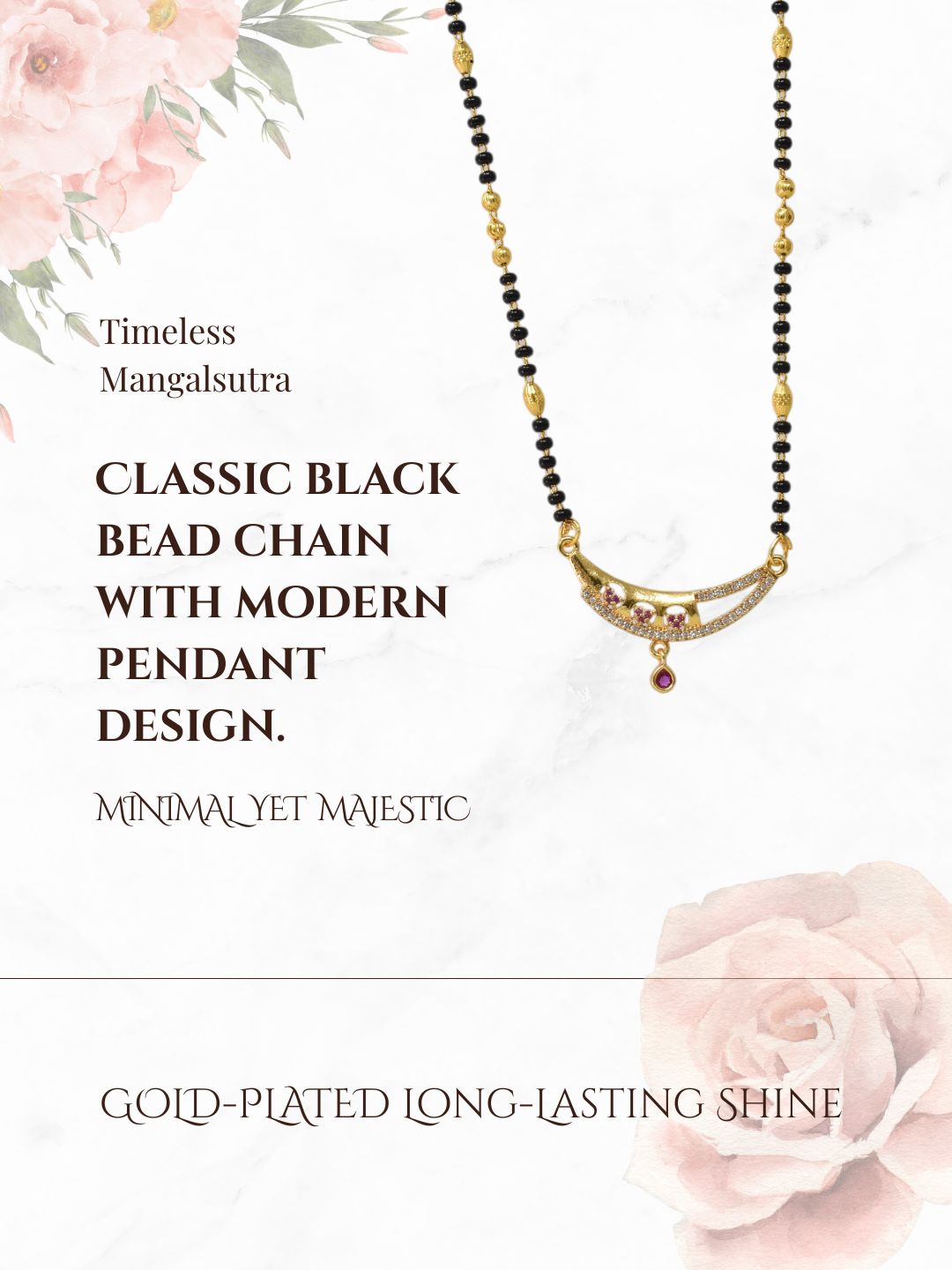 Meira Jewellery Traditional Gold-Toned Black Beaded Stylish Mangalsutra for Women Studded with Sparkling AD and Ruby Red Stones, Perfect for Daily and Office Ethnic Festive Jewellery Neckpiece-06
