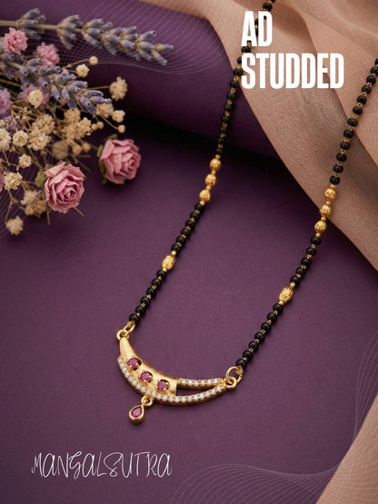 Meira Jewellery Traditional Gold-Toned Black Beaded Stylish Mangalsutra for Women Studded with Sparkling AD and Ruby Red Stones, Perfect for Daily and Office Ethnic Festive Jewellery Neckpiece-06