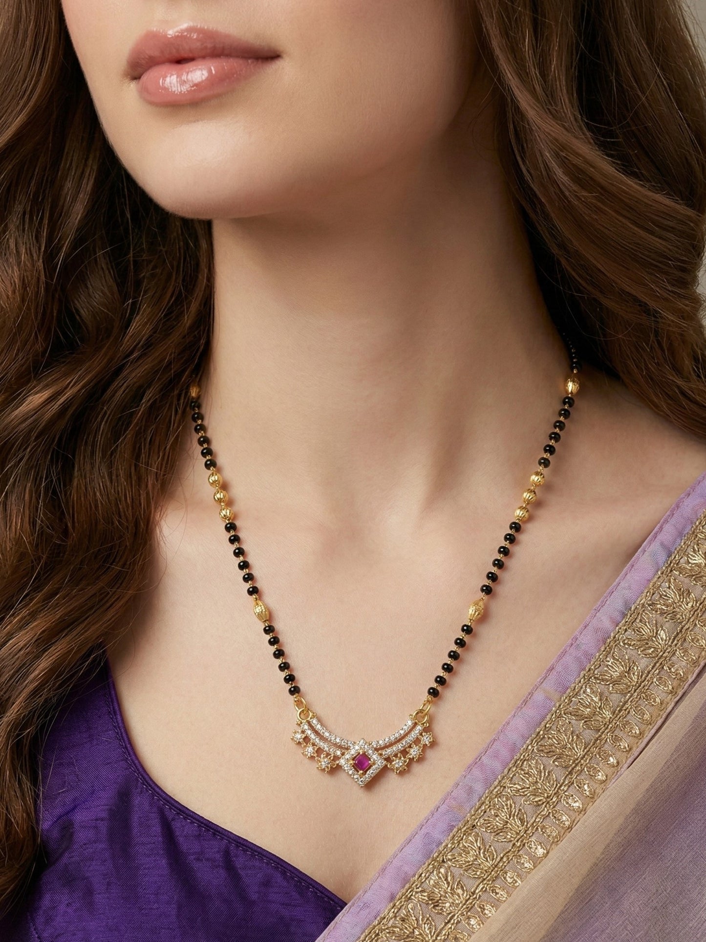 Meira Jewellery Traditional Gold-Toned Black Beaded Stylish Mangalsutra for Women Studded with Sparkling AD and Ruby Red Stones, Perfect for Daily and Office Ethnic Festive Jewellery Neckpiece-07