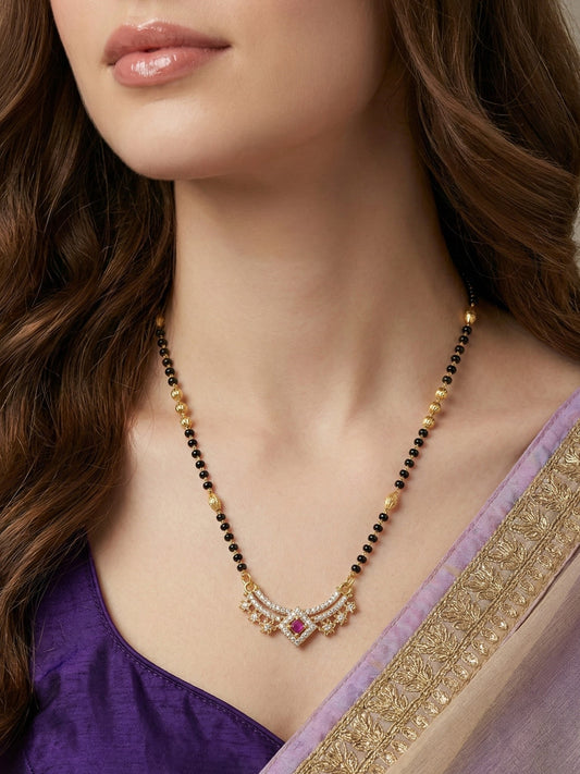 Meira Jewellery Traditional Gold-Toned Black Beaded Stylish Mangalsutra for Women Studded with Sparkling AD and Ruby Red Stones, Perfect for Daily and Office Ethnic Festive Jewellery Neckpiece-07