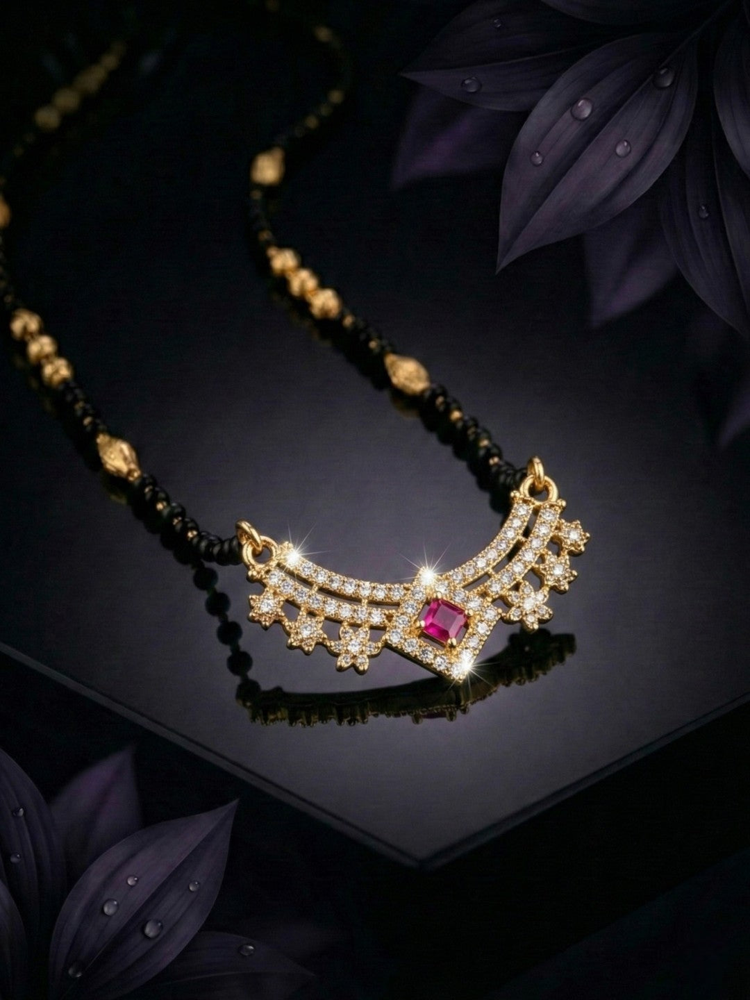 Meira Jewellery Traditional Gold-Toned Black Beaded Stylish Mangalsutra for Women Studded with Sparkling AD and Ruby Red Stones, Perfect for Daily and Office Ethnic Festive Jewellery Neckpiece-07