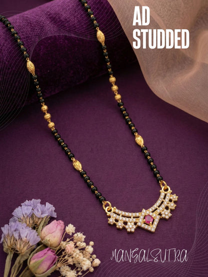 Meira Jewellery Traditional Gold-Toned Black Beaded Stylish Mangalsutra for Women Studded with Sparkling AD and Ruby Red Stones, Perfect for Daily and Office Ethnic Festive Jewellery Neckpiece-07