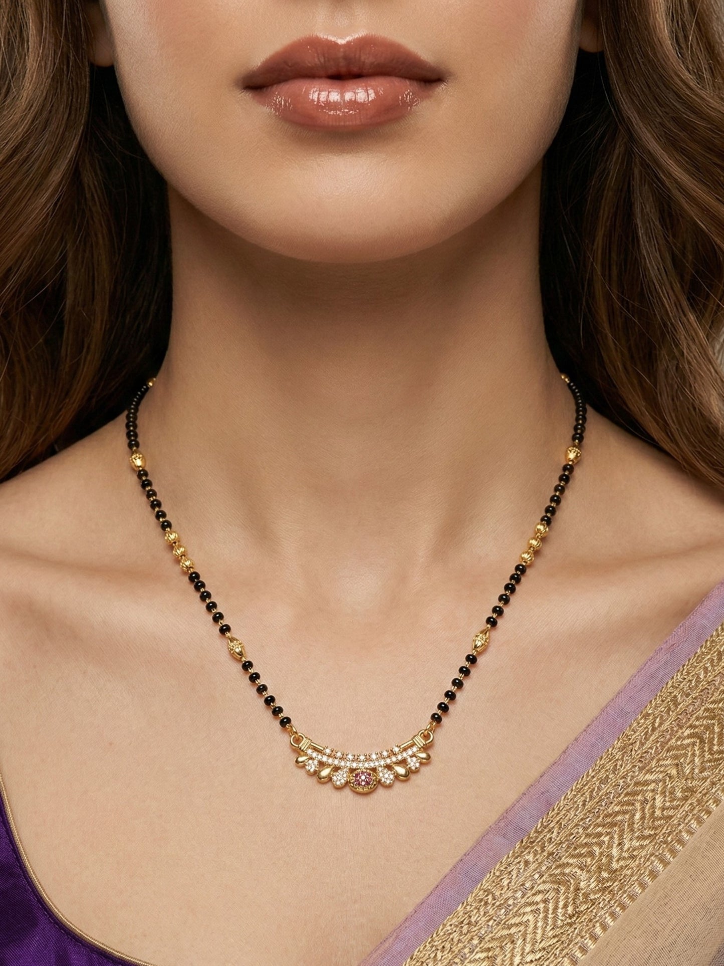 Meira Jewellery Traditional Gold-Toned Black Beaded Stylish Mangalsutra for Women Studded with Sparkling AD and Ruby Red Stones, Perfect for Daily and Office Ethnic Festive Jewellery Neckpiece-08