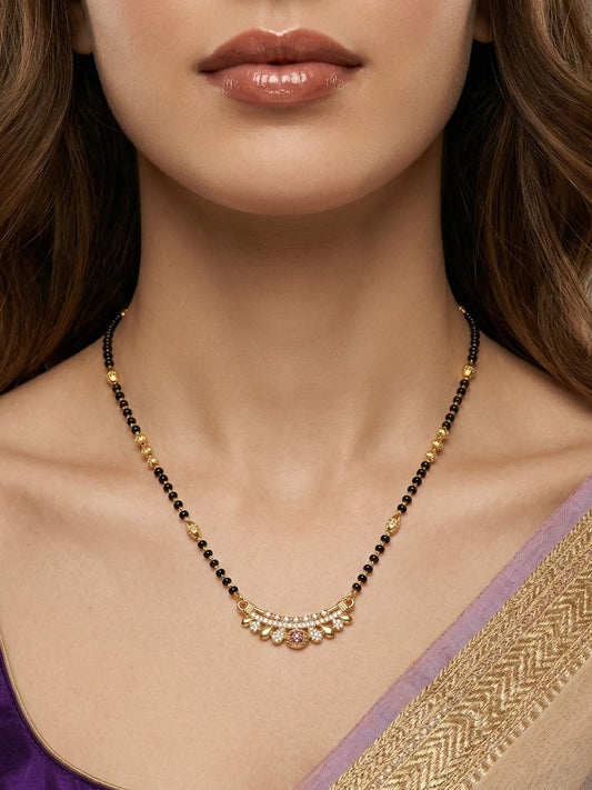 Meira Jewellery Traditional Gold-Toned Black Beaded Stylish Mangalsutra for Women Studded with Sparkling AD and Ruby Red Stones, Perfect for Daily and Office Ethnic Festive Jewellery Neckpiece-08