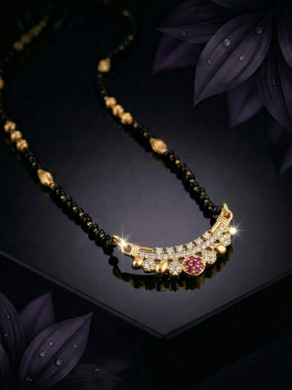 Meira Jewellery Traditional Gold-Toned Black Beaded Stylish Mangalsutra for Women Studded with Sparkling AD and Ruby Red Stones, Perfect for Daily and Office Ethnic Festive Jewellery Neckpiece-08