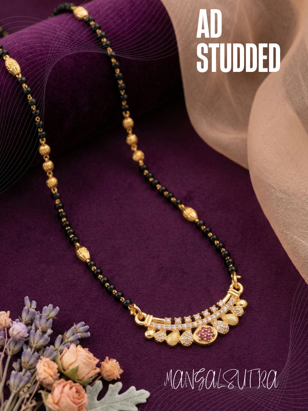 Meira Jewellery Traditional Gold-Toned Black Beaded Stylish Mangalsutra for Women Studded with Sparkling AD and Ruby Red Stones, Perfect for Daily and Office Ethnic Festive Jewellery Neckpiece-08