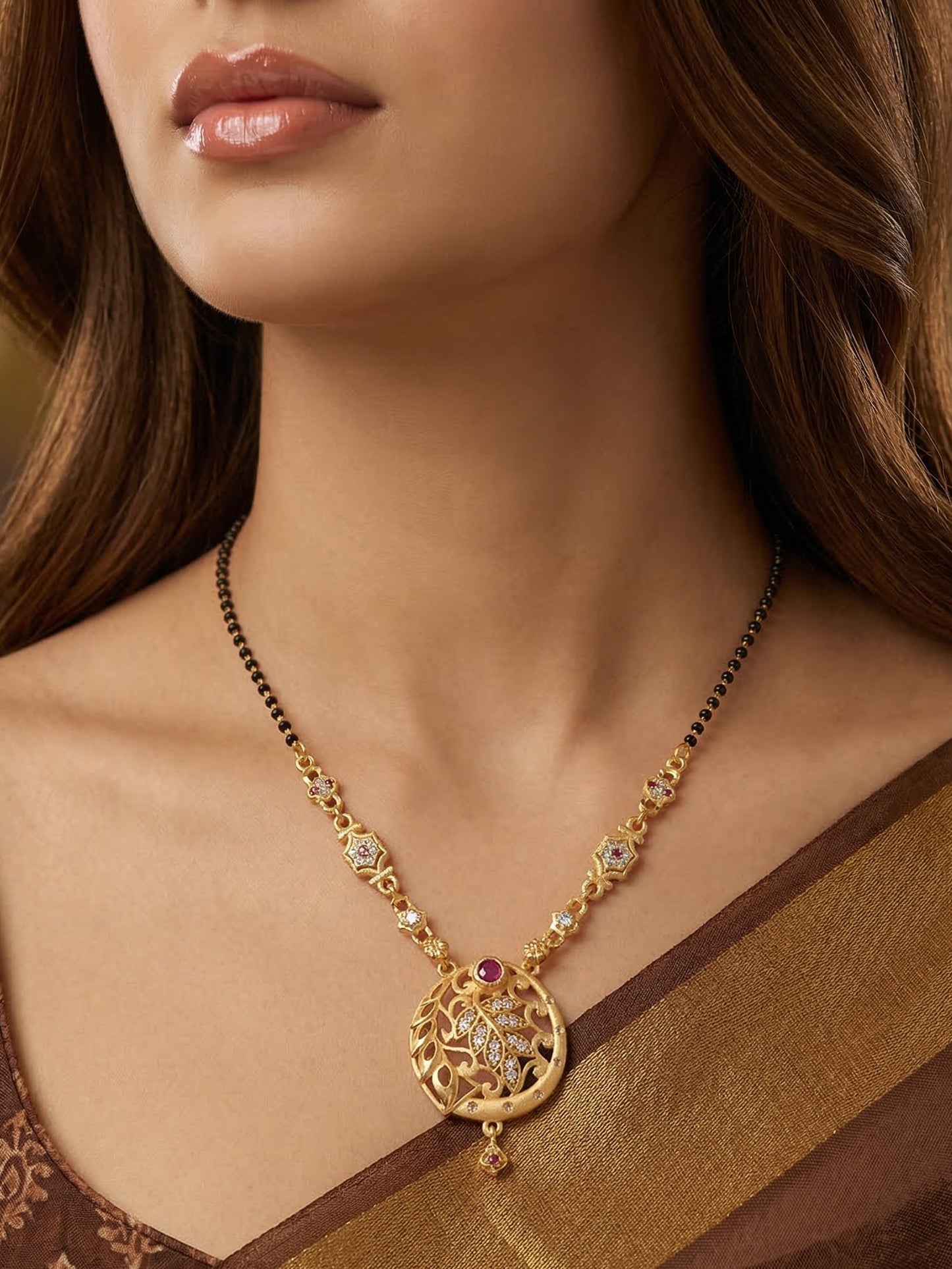 Meira Jewellery Traditional Mangalsutra for Women, Black Beads Chain with Pendant, Gold Plated Mangalsutra Necklace, Ethnic, Stylish Anniversary, Wedding, Festive Mangalsutra Jewellery for Women-01