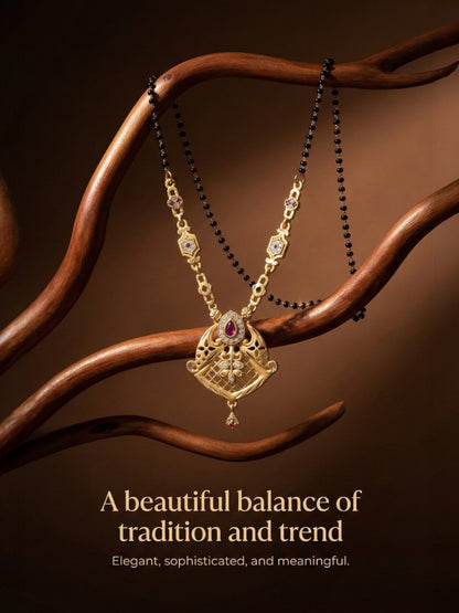 Meira Jewellery Traditional Mangalsutra for Women, Black Beads Chain with Pendant, Gold Plated Mangalsutra Necklace, Ethnic, Stylish Anniversary, Wedding, Festive Mangalsutra Jewellery for Women-02