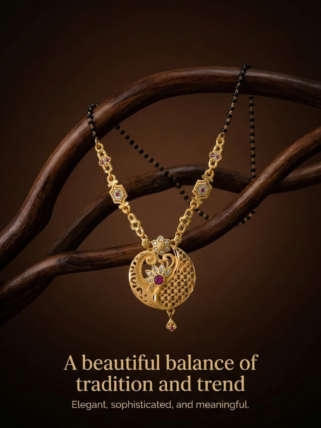 Meira Jewellery Traditional Mangalsutra for Women, Black Beads Chain with Pendant, Gold Plated Mangalsutra Necklace, Ethnic, Stylish Anniversary, Wedding, Festive Mangalsutra Jewellery for Women-04