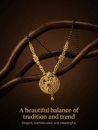 Meira Jewellery Traditional Mangalsutra for Women, Black Beads Chain with Pendant, Gold Plated Mangalsutra Necklace, Ethnic, Stylish Anniversary, Wedding, Festive Mangalsutra Jewellery for Women-04