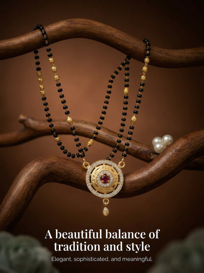 Meira Jewellery Traditional Mangalsutra for Women, Black Beads Chain with Pendant, Gold Plated Mangalsutra Necklace, Ethnic, Stylish Anniversary, Wedding, Festive Mangalsutra Jewellery for Women-07