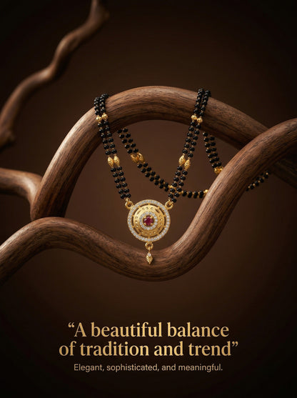 Meira Jewellery Traditional Mangalsutra for Women, Black Beads Chain with Pendant, Gold Plated Mangalsutra Necklace, Ethnic, Stylish Anniversary, Wedding, Festive Mangalsutra Jewellery for Women-09