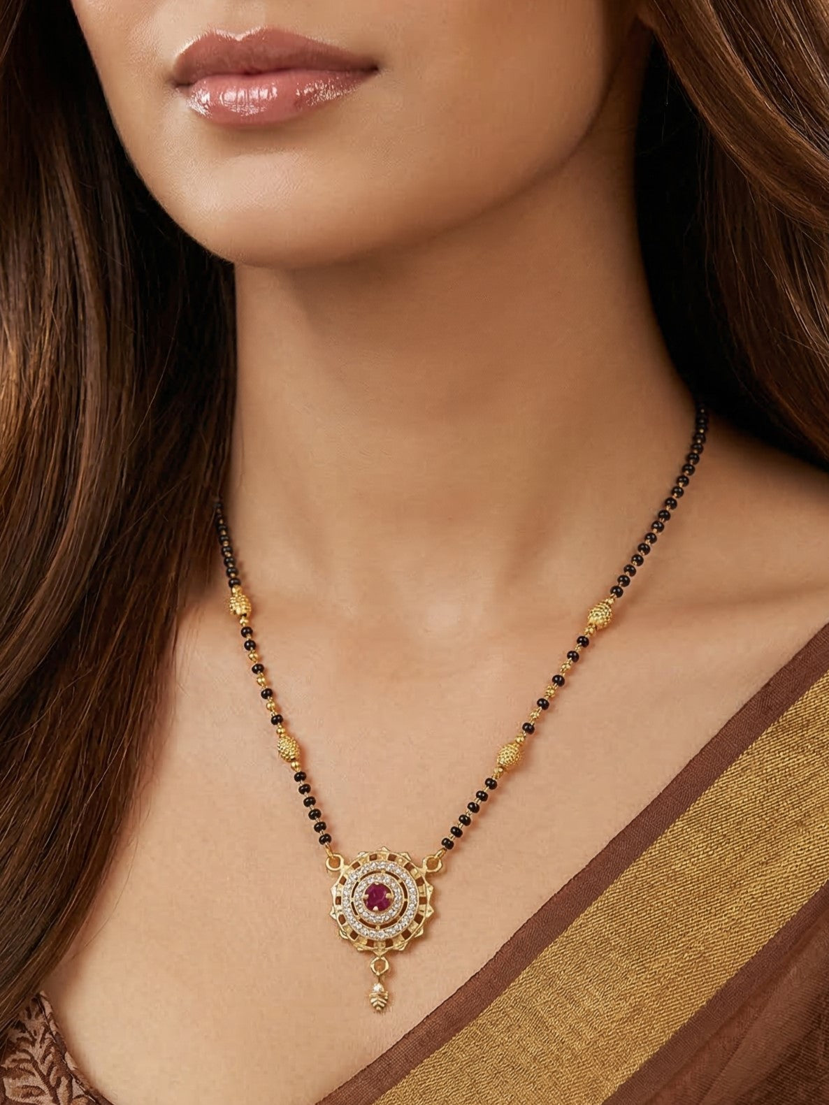 Meira Jewellery Traditional Mangalsutra for Women, Black Beads Chain with Pendant, Gold Plated Mangalsutra Necklace, Ethnic, Stylish Anniversary, Wedding, Festive Mangalsutra Jewellery for Women-12