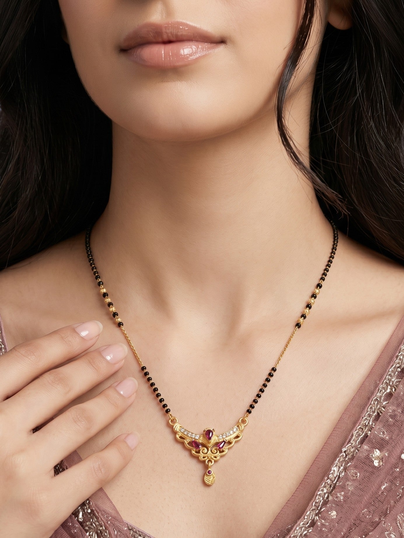Gold-Toned Stone Studded Mangalsutra with Matching Earrings Combo Set