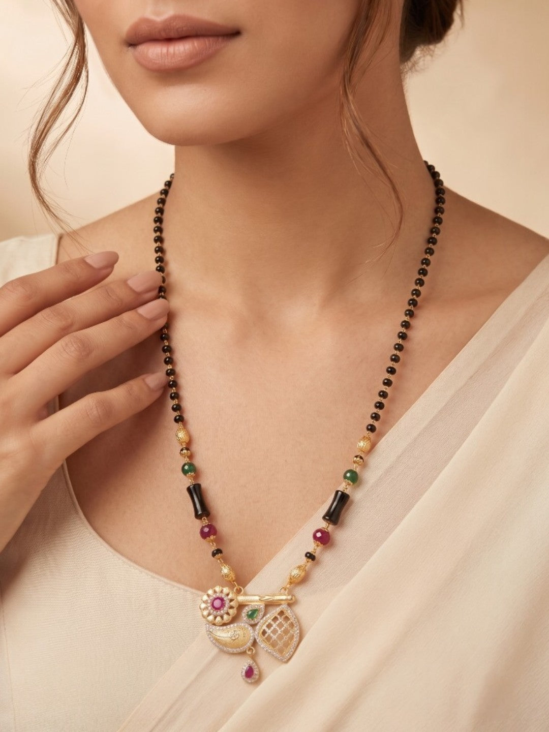 Traditional Gold-Toned Black Bead Mangalsutra Necklace for Women