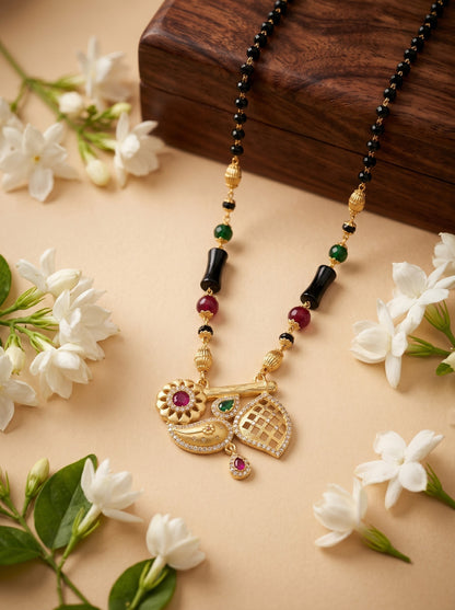 Traditional Gold-Toned Black Bead Mangalsutra Necklace for Women