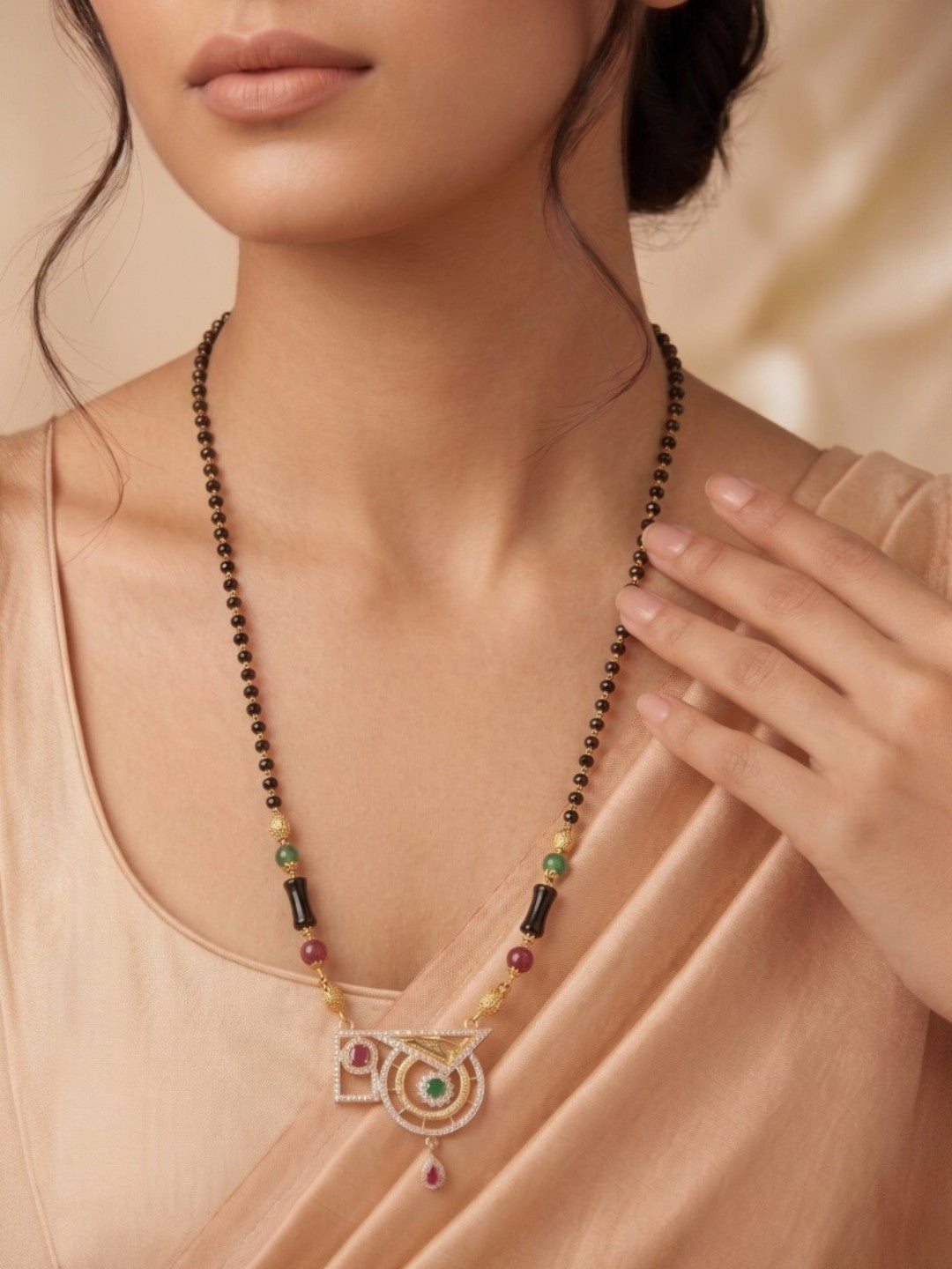 Traditional Gold-Toned Black Bead Mangalsutra Necklace for Women